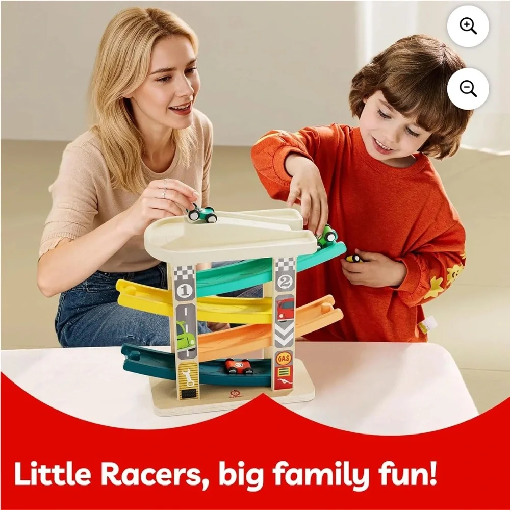 Toddler Montessori Style Wooden RaceTrack Car Ramp Toy w/ 4 Mini Cars
